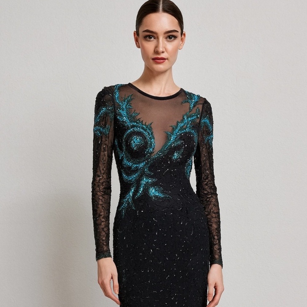 Vintage AJ Bari black Beaded Sequin asymmetrical silk Gown Long‎ Sleeve SZ 8